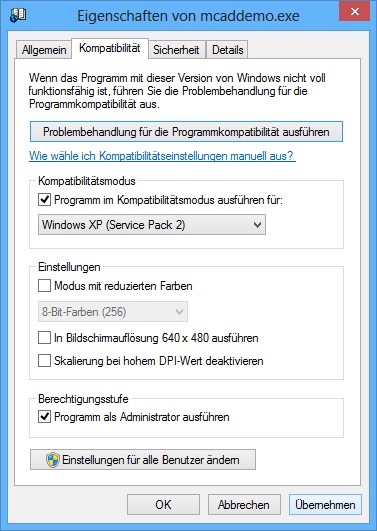 Windows Kompatibilitäts-Einstellungen für den Mathcad-Explorer